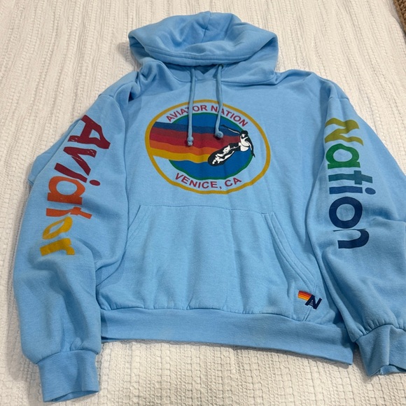 Aviator Nation Light Blue Hoodie with Multicolor Logo - Picture 2 of 5